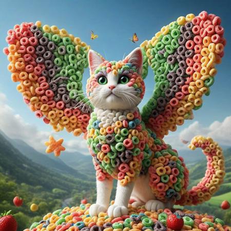 made of fruit loops, score_9, score_8_up, score_8, Masterpiece, High Details, HD, 8K, Photorealistic, perfect, High Quality, A flying fairy made of fruit loops with the face of a cat. Within a magic World