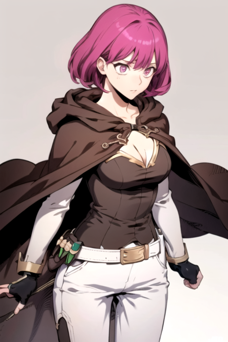 SunnyRanker, 1girl, solo, short hair, black gloves, cleavage, medium breasts, pink hair, black gloves, belt, white pants, fingerless gloves, pink eyes, brown cloak, 