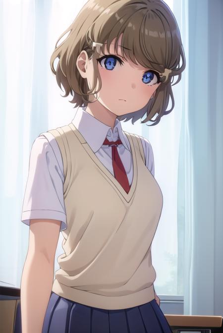 tomoekoga, <lora:tomoe koga s1-lora-nochekaiser:1>, 
tomoe koga, short hair, brown hair, blue eyes, hair clip,
BREAK skirt, shirt, school uniform, white shirt, short sleeves, pleated skirt, necktie, collared shirt, red necktie, sweater vest,
BREAK indoors, classroom,
BREAK looking at viewer, (cowboy shot:1.5),
BREAK <lyco:GoodHands-beta2:1>, (masterpiece:1.2), best quality, high resolution, unity 8k wallpaper, (illustration:0.8), (beautiful detailed eyes:1.6), extremely detailed face, perfect lighting, extremely detailed CG, (perfect hands, perfect anatomy),