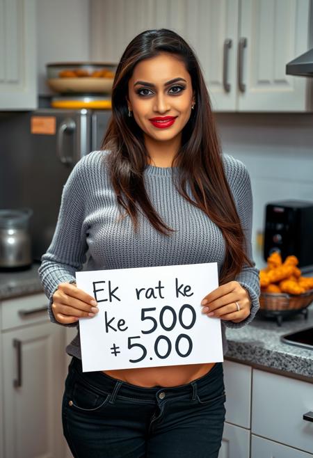 Pakistan. A photo of a beautiful Pakistani mother,middle-aged, smug, amused, long hair, big lips, plump lips, dark brown complexion, large breasts, round breasts, voluptuous,big nose, wide hips,narrow waist, low-rise unbuttoned pants, sweater, revealing, skintight, skimpy, standing, kitchen,  cleavage, athletic, skinny, eye contact with viewer, earrings,  pores, holding a sign with text: "Ek raat ke 500", Chicken tenders on counter, midriff, muslim,erotic, sensual, teasing,