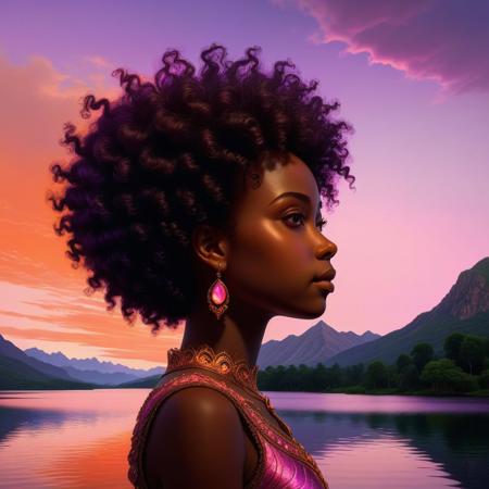 Ultra realistic color pencil  image of
Digital art of a young African princess with an afro, profile view, standing at the edge of the image near a serene lake at sunset. The sky is vibrant with hues of orange, pink, and purple, reflecting on the calm water. The background includes distant trees and silhouettes of mountains. The lighting highlights the contours of her face, emphasizing a thoughtful and peaceful expression.
BREAK
 Deep dark intense orange-brown misty background
Dark theme, dynamic lighting, (soft shadows), (soft focus), (photo realistic), uhd, 8k