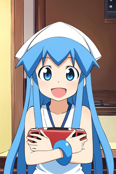 ((best quality)),((highly detailed)),masterpiece,absurdres,detailed face,beautiful face,(detailed eyes, deep eyes),(1girl),((dynamic pose)), <lora:squidgirl-20:0.8>, ika, 1girl, blue eyes, long hair, blue hair, hat, tentacle hair, open mouth, solo, dress, smile, :d, crossed arms, white dress, bracelet, parody, game controller, jewelry, controller, white headwear, sleeveless, sleeveless dress, game console, very long hair, holding, upper body, tentacles, collarbone, gamepad, bangs, bare shoulders, looking at viewer, indoors