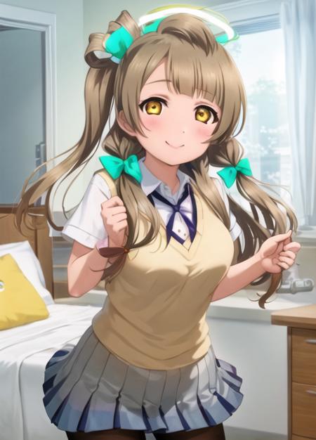 minami kotori, 1girl, solo, <lora:minami_kotori_v3:0.9>, masterpiece, 1girl, best qualiti, ultra detail, (shiny), school uniform, ((bedroom)), indoors, bed, :p, blush, ray tracing,perfect lighting, (shiny skin:1.2),reflection, long_hair, looking_at_viewer, blush, skirt, ribbon, twintails, yellow_eyes, pantyhose, bag, black_pantyhose, low_twintails, light_brown_hair, halo, nipples, nsfw,