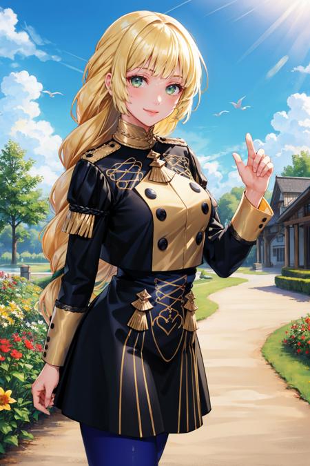 masterpiece, best quality,  <lora:ingrid-nvwls-v2-000009:0.9> defingrid, bangs, braided ponytail, black jacket, black skirt, blue pantyhose, looking at viewer, smile, garden, blue sky, clouds, upper body, standing