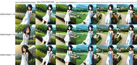 solo, Saya, black hair, green eyes, hair flaps, sundress, white dress, black ribbon, standing, village, mountains in the distance