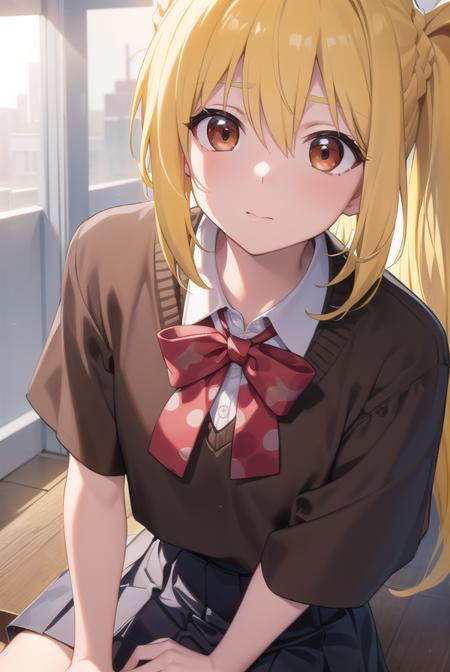 nijikaijichi, <lora:nijikaijichitest:1>, nijika ijichi, ahoge, (yellow hair:1.5), (brown eyes:1.7), long hair, one side up, (flat chest:1.2),
BREAK black skirt, bow, bowtie, collared shirt, pleated skirt, polka dot, polka dot bow, red bow, red bowtie, red footwear, shirt, shoes, short sleeves, skirt, socks, white shirt, white socks,
BREAK looking at viewer,
BREAK indoors, classroom,
BREAK <lora:GoodHands-vanilla:1>, (masterpiece:1.2), best quality, high resolution, unity 8k wallpaper, (illustration:0.8), (beautiful detailed eyes:1.6), extremely detailed face, perfect lighting, extremely detailed CG, (perfect hands, perfect anatomy),