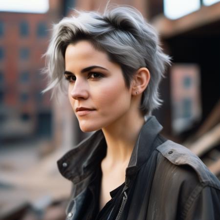 <lora:allysheedy_sdxl:1>  allysheedy, close up  profile portrait photo of 26 y.o woman, with a half smile,  in wastelander clothes, silver hair,  Pixie with Nape Undercut, pale skin, slim body, background is city ruins, (high detailed skin:1.2), 8k uhd, dslr, soft lighting, high quality, film grain, Fujifilm XT3