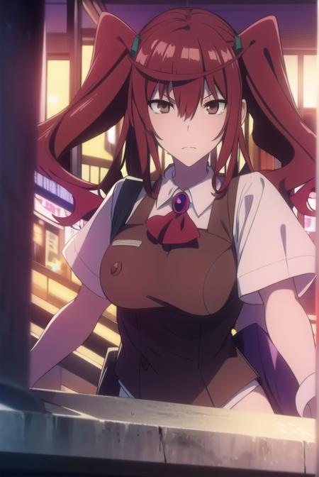 erikakuramoto, <lora:erikakuramototest:1>,
erika kuramoto, twintails, (red hair:1.5), two side up, (brown eyes:1.5), hair between eyes, (large breast:1.2),
BREAK collared shirt, shirt, ascot, red ascot, juliet sleeves, short sleeves, sweater, brown sweater vest,
BREAK looking at viewer,
BREAK indoors, classroom,
BREAK <lora:GoodHands-vanilla:1>, (masterpiece:1.2), best quality, high resolution, unity 8k wallpaper, (illustration:0.8), (beautiful detailed eyes:1.6), extremely detailed face, perfect lighting, extremely detailed CG, (perfect hands, perfect anatomy),