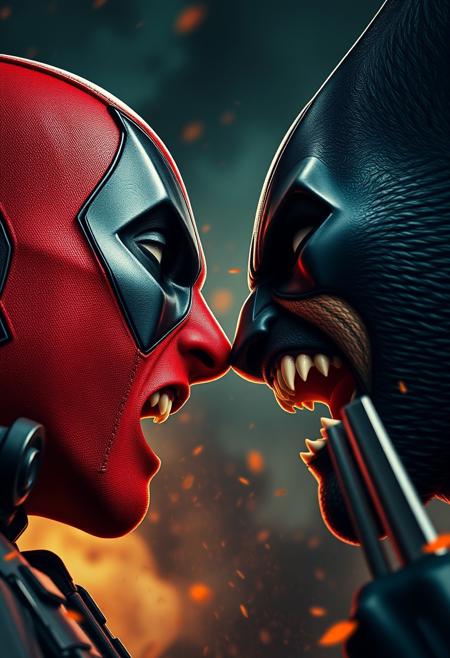 Deadpool and Wolverine screaming at each other, face closeup, chaos, apocalyptic, movie poster style, cinematic lighting