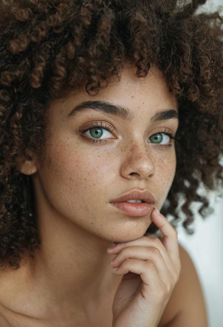 Close-up portrait of a stunning young woman of mixed race, with large emerald green eyes, voluminous natural curly Afro hair, soft freckles, sensual full lips and smooth, flawless skin. She looks directly at the camera with a calm, confident expression, resting her chin on her hand. Natural light, shallow depth of field, dreamy cinematic atmosphere, hyper-realistic details, soft background, sharp facial features, professional beauty photography style.