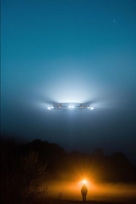 security footage frame,  fog, night, volumetric, industrial building, UFO shape in fog, closeup of man in trenchcoat