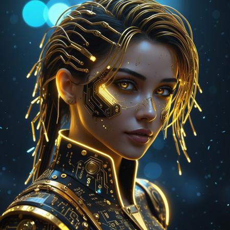 female, pcb_style, golden details, dark theme, detailed, intricate, decorations, gold trim, cinematic, glowing, striking, intense, bokeh, sharp focus, scattered light, dim lighting, magical, fantasy, portrait, ultrarealistic, cyberpunk style, portrait, looking at the viewer, pretty, side parted hair, headshot
