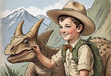 ASCII illustration, 1860 portrait of a young boy scout feeding a striceratops, smiling, waving,  kodachrome, peacfull,  dusty shirt  , thick skin, scale, hat, mountain, animal hide, fur,