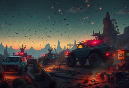 "Ilya Kuvshinov" style.
Visually absurdly cluttered fantasy landscape.
"Monster Truck America".
Lot's of wind and magical lights scattered everywhere.
Dusk.
Long shadows.
By "Simon Stalenhag".
Life-like details.
Cinematic. 
Dramatic. 
Dynamic. 
Extremely refined lines and and shapes.
Extremely refined details on objects.
Sharp details.
Wide range of colors.
Many details everywhere. Ray-Tracing. Anti-Aliasing. Realistic soft shadows. Low saturation colors. Insane quality. Insane resolution. Insane details. Masterpiece. 32k resolution.
