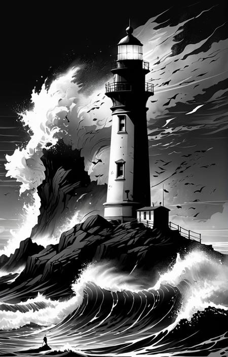 lighthouse, ocean, two loons, crashing waves, light, black and white, tattoo art, dramatic lighting, illustration by Greg rutkowski, yoji shinkawa, 4k, digital art, concept art, trending on artstation