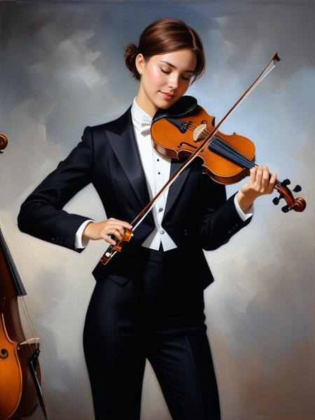 <lora:07RomanticismArt_Hap_XL:3.1>, romanticism oil painting,   masterpiece, best quality, absurdres, 1girl, solo, StellaFons, standing, (short hair:1.1), cowboy shot, playing instrument, violin, closed eyes, light smile, black suit, tuxedo, simple background,