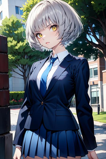 momoshiro_chiyoko, yellow eyes, grey hair, short hair, white shirt, white skirt, 