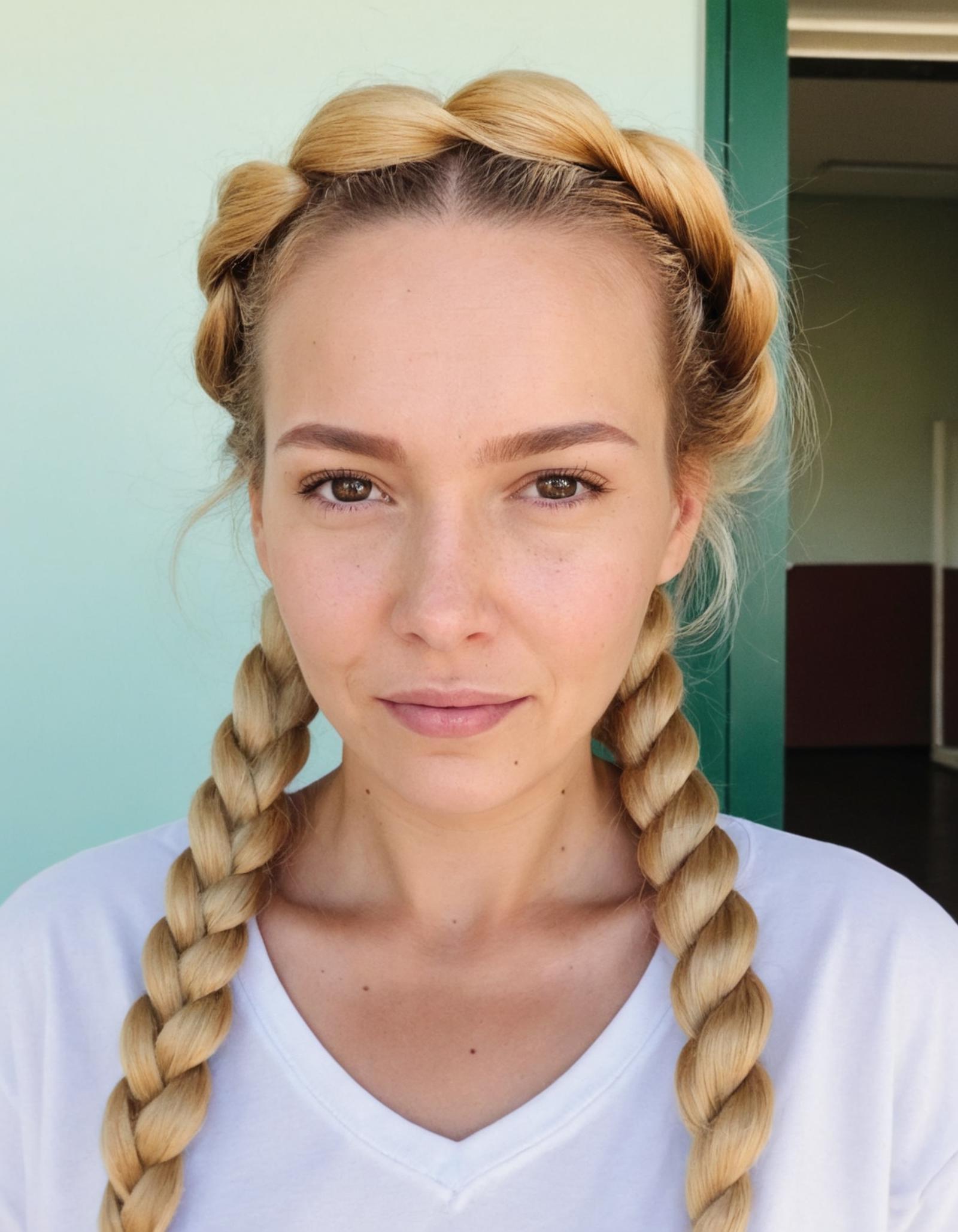 A woman with blonde braids looking at the camera.