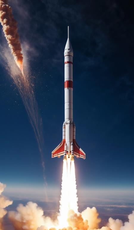 A rocket launching into space seen from space, copy space, design template, breathtaking photograph, dramatic light, award-winning, professional, highly detailed . 35mm photograph, film, bokeh, professional, 4k ,minimalistic, daylight, warm atmosphere, <lora:add-detail-xl:1>, dust, film grain, cinematic look, <lora:SDXLHighDetail:1>
