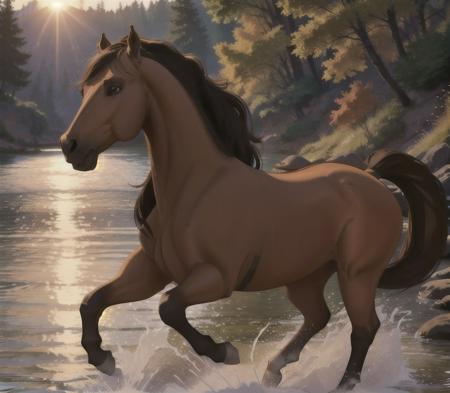 1horse, buckskin coloured horse with a black mane without white spots with a dark brown nose, a black tail, and brown eyes, running, (sun shining), in the river, Soft Lighting, 8k, photorealistic, UHD, HDR, sideview, view from the side, (best quality, masterpiece), ((four legs:1.4)), spirit2002, one head, <lora:spirit2002:0.45>