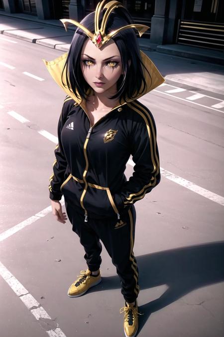 Highly detailed, High Quality, Masterpiece, beautiful, 1girl, solo,  <lora:LeblancDefault_1:1>, reigLeblancYS, track suit, forehead jewel, streets, full body,yellow eyes,