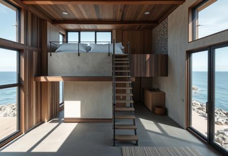 A wabi-sabi inspired single studio interior with the bed on a mezzanine and a public room and kitchen on the ground floor, set against serene seascapes the stairs connect 2 floors. Designed by Dane Taylor Design, the space embraces simplicity, imperfection, and the use of natural materials such as weathered wood, stone, and raw metal. The design celebrates the beauty of asymmetry and the organic aging process of materials, creating a calm, serene atmosphere.
The open-plan layout allows the seascape to influence the interior, with large windows framing the ocean views and natural light enhancing the beauty of the materials. The light casts gentle shadows across the textured surfaces, emphasizing the imperfections that define the wabi-sabi aesthetic. Asymmetry in the architectural elements adds subtle interest without disrupting the minimalist layout, ensuring the space remains uncluttered and peaceful.
Architectural photography captures the harmonious relationship between the interior and the surrounding seascape, focusing on the interplay between the raw, natural materials and the tranquility of the ocean. The seamless transition between the mezzanine bedroom and the ground floor public spaces provides a clear division of function while maintaining a fluid, minimalist design. reflects the wabi-sabi philosophy of simplicity, imperfection, and natural beauty, creating a peaceful retreat connected to the sea.