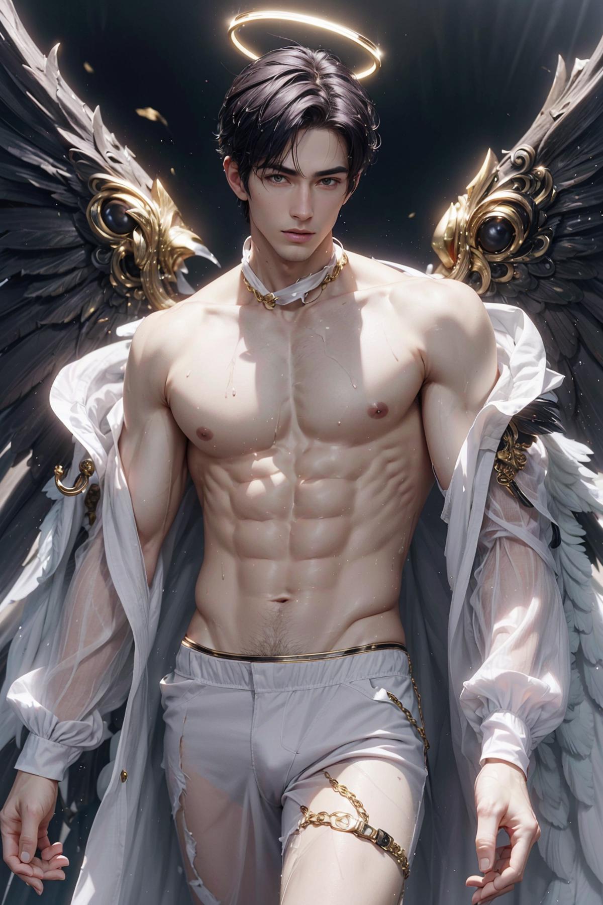 Muscular man wearing white pants and wings, possibly an angel or a warrior.