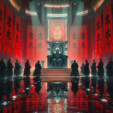 Sketch of TONTON REVOLVER - ArtStation. A line of powerful envoys, augmented nobles, and masked corporate lords kneel in silence before the towering Cyber Shogun seated on his glowing throne.
The throne room pulses with deep red and cold white neon, casting long shadows over the polished obsidian floor.
AI-controlled banners ripple with animated imperial glyphs.
The Shogun, emotionless and supreme, watches from above — flanked by twin sentry drones and armored retainers.
The atmosphere is ceremonial, terrifying, elegant: cyberpunk feudalism meets hypermodern statecraft.
Ultra-detailed, cinematic lighting, high-tech royalty, cyberpunk Japan, intense contrast, sharp reflections, futuristic luxury, 8K realism.