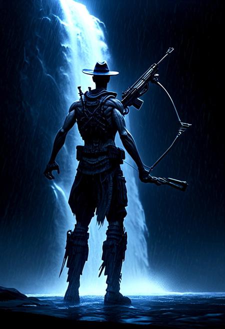 rain, concept art, sharp teeth, glowing eyes, waterfall, huge weapon, hat, crossbow, arms up