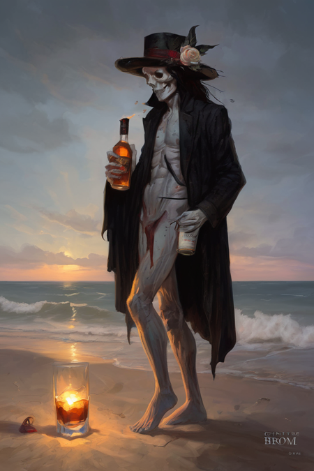 masterpiece art by Sam Yang,  SamDoesArts,  by Gerald Brom, Gothic Horror, Dark Fantasy, romantic death drinking whiskey on a beach, beach hat, male thong, evening, romantic, depression, melancholy, anguish, longing    <lora:SDXLSamDoesArts:1>  <lora:Gerald_Brom_XL_-_Dark_Fantasy_Art:1>