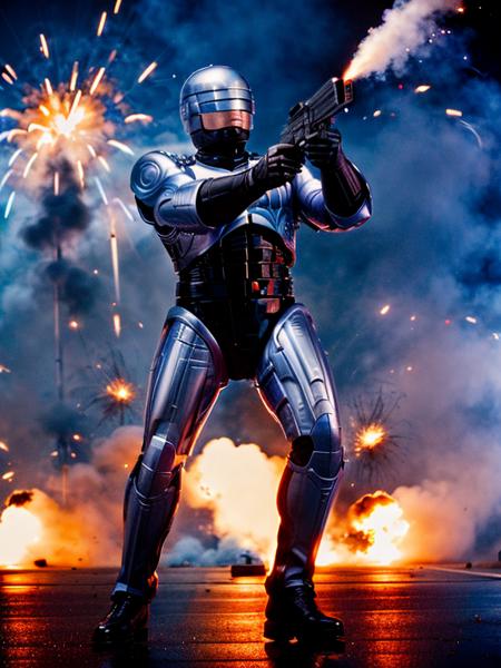 ocprobocop fullbody photo of man shooting his gun with explosions in the background, very sharp, high quality, nice bokeh, professional photography <lora:add_detail:0.7> <lora:hjocprobocop_v10:0.85>