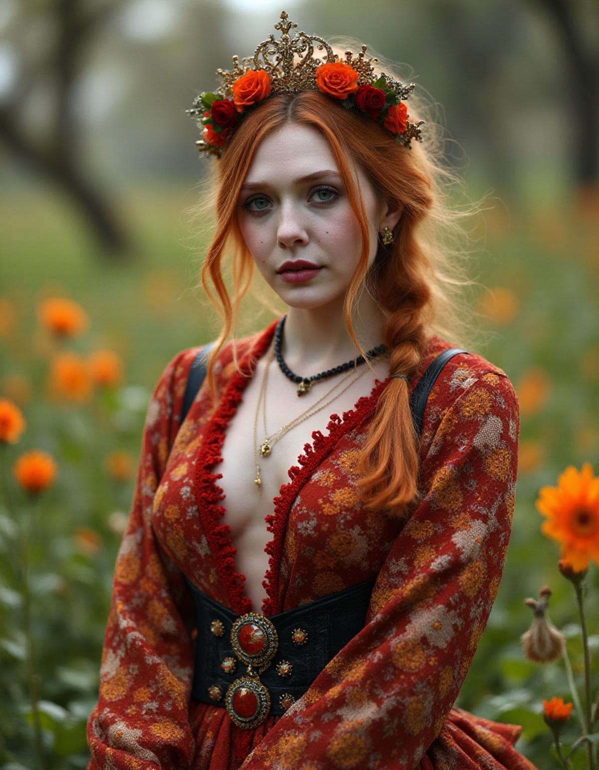 A beautiful redhead female country artist wearing a steampunk-inspired layered gown. She has clean makeup and is captured in vivid colors, embodying the essence of fantasy and a minimalist, fantastical, edgy, and regal themed outfit, with depth of field <lora:Elizabeth_Olsen_2012_FLUX:1>