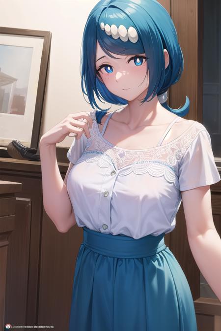 pokemonmotherlana, <lora:pokemonmotherlana-lora-nochekaiser:1>,
pokemonmotherlana, blue eyes, blue hair, freckles, hair ornament, long hair, swept bangs, (bright pupils:1.5),
BREAK blouse, blue skirt, bracelet, collarbone, dress, jewelry, long skirt, shirt, short sleeves, skirt, white shirt,
BREAK looking at viewer, full body, (cowboy shot:1.5),
BREAK indoors,
BREAK <lyco:GoodHands-beta2:1>, (masterpiece:1.2), best quality, high resolution, unity 8k wallpaper, (illustration:0.8), (beautiful detailed eyes:1.6), extremely detailed face, perfect lighting, extremely detailed CG, (perfect hands, perfect anatomy),