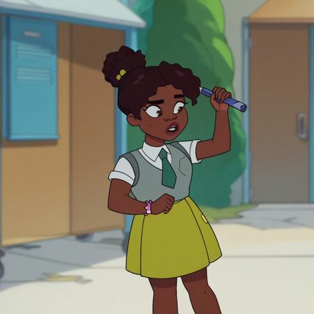 Kennedy  Dark Skin, Brown hair, Dark-skinned female. very dark skin School Uniform  Shirt,green necktie,green skirt Park-Ranger Outfit