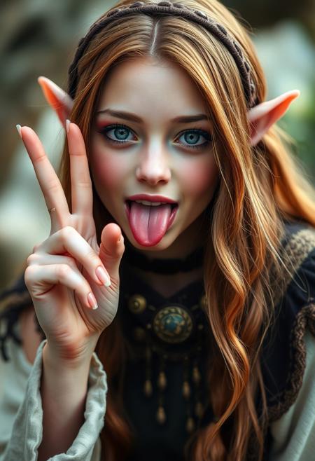 A breathtakingly beautiful elf is looking longingly at the viewer, she is sticking out her tongue between her fingers that are held up in a peace sign, best quality, clear focus, high definition, realistic