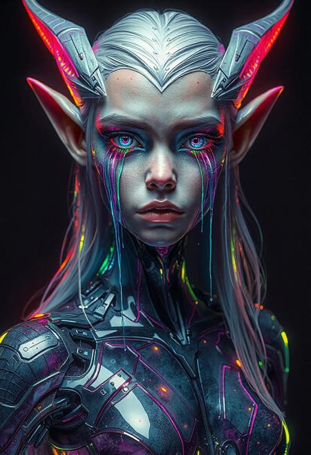 cyberpunk elf woman, rainbow colored tear streams running from eyes, liquid cyberpunk body suit, lots of blues and pinks, metallic eyes, simple dark background, hr giger, glowing cybernetic parts, facing camera, full body