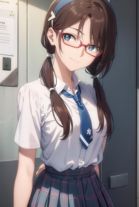 marimakinami, <lora:mari makinami rebuild-lora-nochekaiser:1>,
mari makinami, long hair, brown hair, twintails, (low twintails:1.5), hairband, blue hairband, blue eyes, (parted bangs:1.5), smile,
BREAK skirt, thighhighs, school uniform, pantyhose, necktie, plaid, plaid skirt, shirt, white shirt, collared shirt, short sleeves,  glasses, opaque glasses,
BREAK indoors, classroom,
BREAK looking at viewer, (cowboy shot:1.5),
BREAK <lyco:GoodHands-beta2:1>, (masterpiece:1.2), best quality, high resolution, unity 8k wallpaper, (illustration:0.8), (beautiful detailed eyes:1.6), extremely detailed face, perfect lighting, extremely detailed CG, (perfect hands, perfect anatomy),