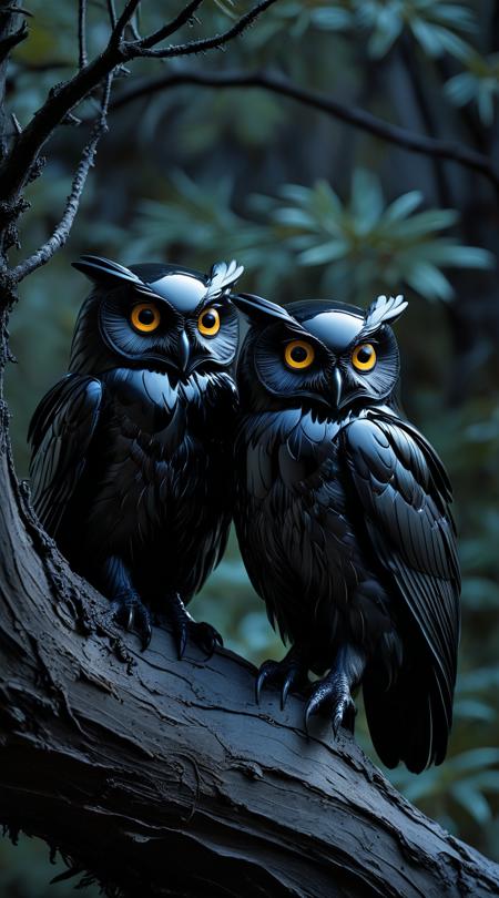 onyx owls, with jet-black feathers that have a glossy, stone-like sheen, camouflaging perfectly into the night as they hunt.