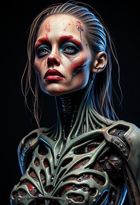 full body image of a gorgeous biomechanical zombie realistic woman, highly detailed and textured, wide angle, very realistic and impressive, fantastic dramatic color, 32K, HDR, SHARP