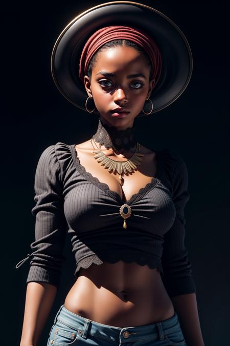 masterpiece, best quality, ultra high res, 1 dark skinned African girl, (fractal art:1.3), deep shadow, dark theme, fully clothed, necklace, forlorn, cowboy shot<lora:add_detail:1>