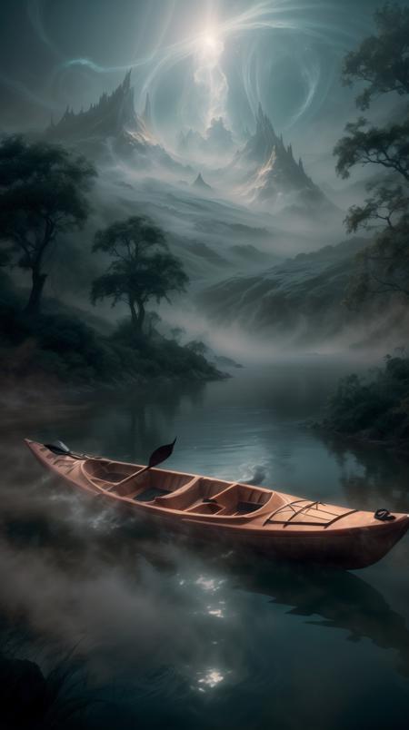 RAW Photo of  worldofmist Kayak <lora:WorldofMist:1><lora:add_detail:0.6> <lora:LowRa:0.2>, (Masterpiece:1.3) (best quality:1.2) (high quality:1.1), particle effects,enchanting atmosphere,highly detailed,cinematic colors,lens flare,RAW photo,beautiful lighting,complementary colors,80mm F1.9 lens,golden ratio