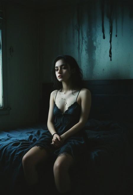 a dark lonely cold room, a thin girl sits hanging her shoulders on the bed, her dark hair dirty, a black stain in place of her face, dull tones, evening, contrasting shadows, dull cloudy sky, luminous blurred photo, grainy film effect, konica minolta zoom 60, blurred shapes, Diane Arbus photo style