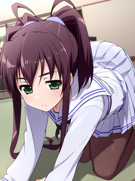 ImazekiRinko,antenna_hair, ponytail, green_eyes, purple_hair,