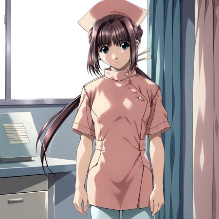 RenNanase,1girl,brown_hair,low_ponytail,aqua_eyes, nurse_cap,nurse, white pantyhose nurse_cap, gray apron,pink dress, hair ornament,print_kimono,obi, one-piece swimsuit,multi -colored swimsuit, print_red_cheongsam, nurse_cap, naked,bra,panties,   thighhighs,