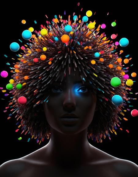 <lora:a1bs2trac1t:1>,a1bs2trac1t,, black background, glowing, looking at viewer, solo, a bunch of colorful objects are flying in the air together in a dark background with a black background and a black background, Beeple, cinema 4 d, a 3D render, geometric abstract art, hair between eyes [3]