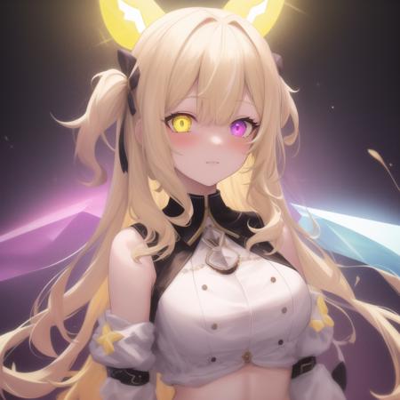 1girl, nijisanji, hoshikawa_sara, blonde_hair,  heterochromia, red_eyes, yellow_eyes, white_croptop, prism, glowing, glitter, particles, bloom, extra lights, cinematic lights, glowing white particles, +a