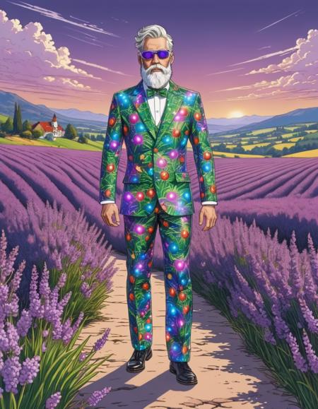 human android man with a big white beard wearing an xmas suit, glowing holographic goggles, exposed circuits, Lavender fields, purple hues, fragrant blossoms, gentle breeze, picturesque landscape, lineart