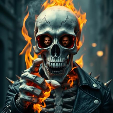 gray Skeleton, smooking aura, wearing leather jacket with blazing metallic spikes, flaming chains on the shoulders. skull in flames with open mouth, pointing the finger to viewer, close-up in the eyes. Inside the both eyes there is an image of an scared bald man. Smoky and darker Dead end street background . High quality. CInematic scene.