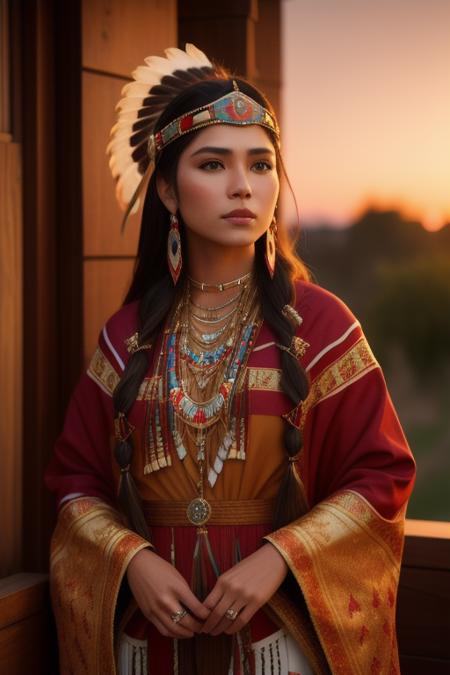 a beautiful portrait of a native american woman with ornate clothing and beautiful fully rendered pretty face, dusk, cinematic, high resolution