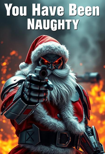 A Semi-Realistic Robot Santa stands menacingly with metallic skin, pointing a machine gun directly at the viewer. His glowing red eyes and metallic beard emphasize his ruthless demeanor. At the top of the image, bold text reads: "You Have Been Naughty". Fire in the background. Rendered in the highest quality.